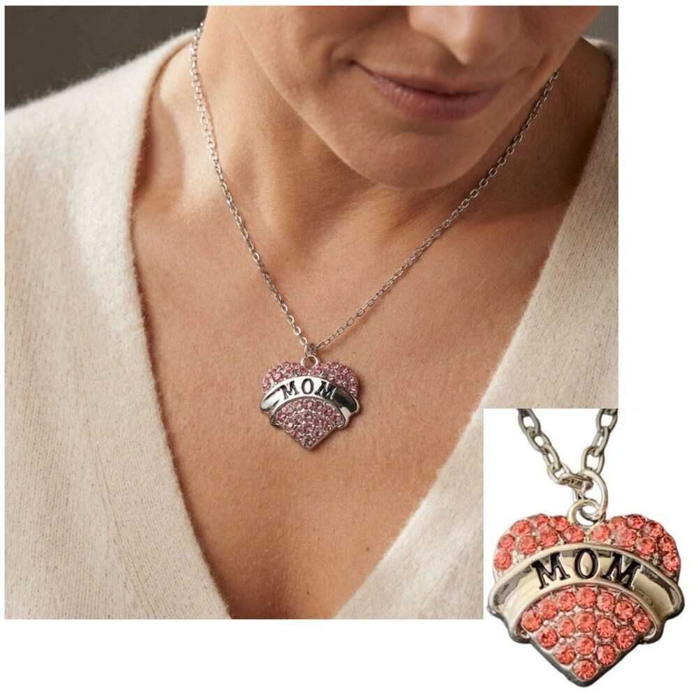 MOM Necklace NEW Pink Pave Rhinestone Heart Long Silver Chain Mothers Day